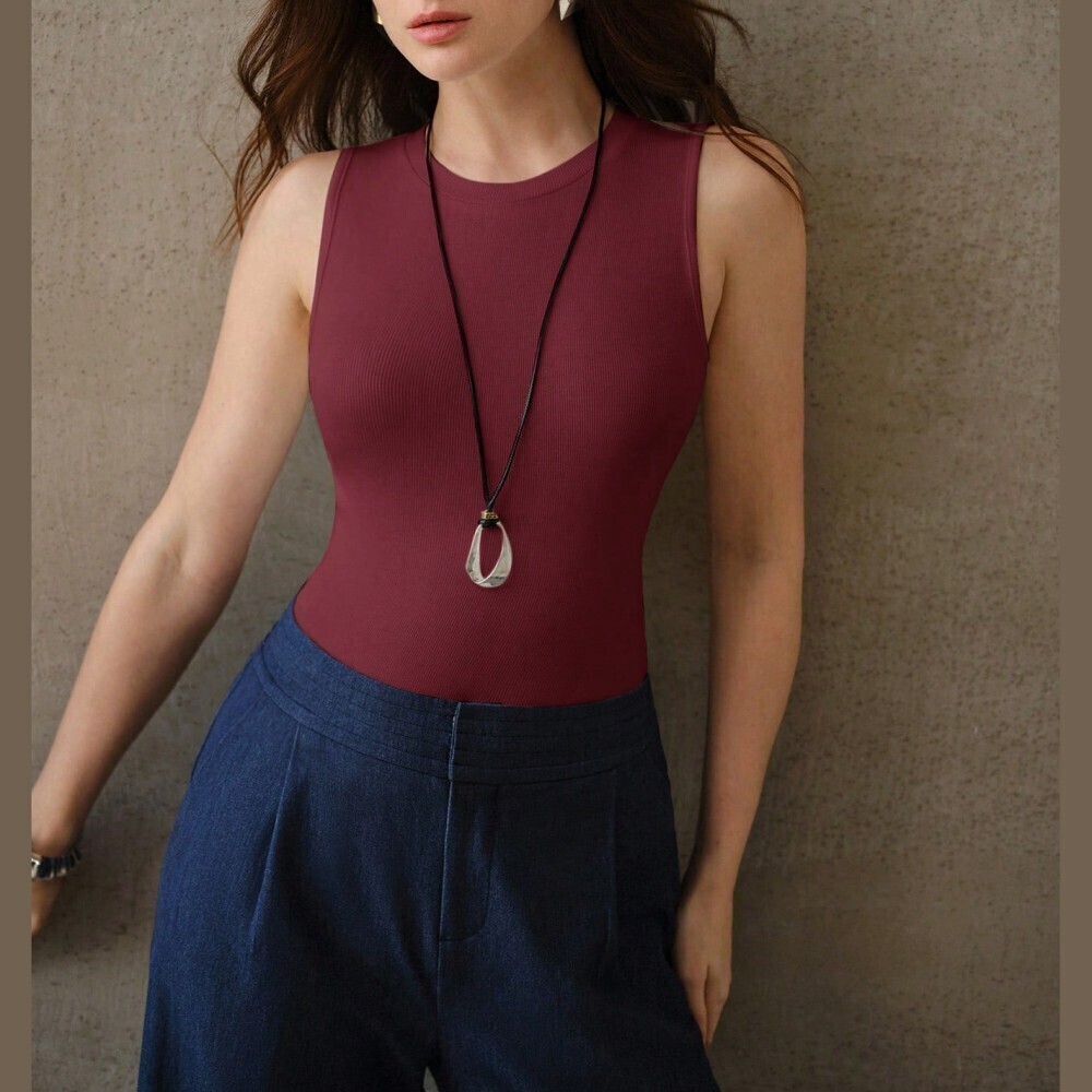 Burgundy Ribbed Knit Round Neck Slim Fit Sleeveless Tank Top